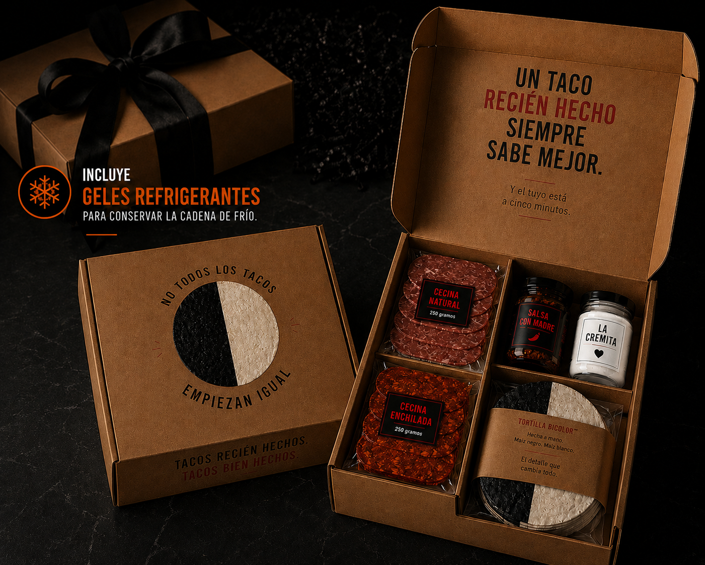 Caja Los Popis Para Llevar con tarros de cristal, cecina, tortillas bicolor y geles refrigerantes — ideal para regalar