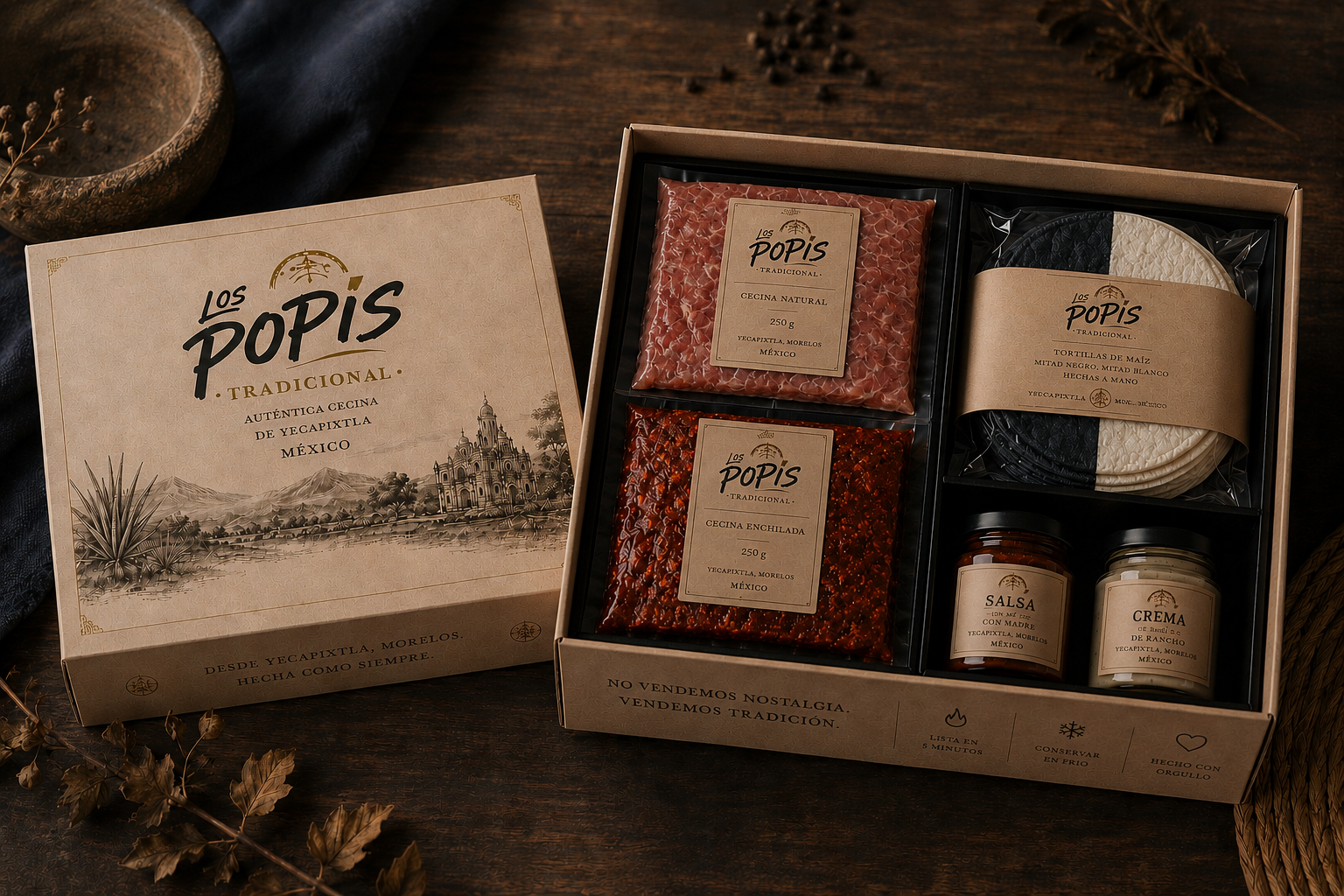 Caja Los Popis Tradicional abierta con cecina, tortillas bicolores de maiz natural, salsa Con Madre y crema de rancho
