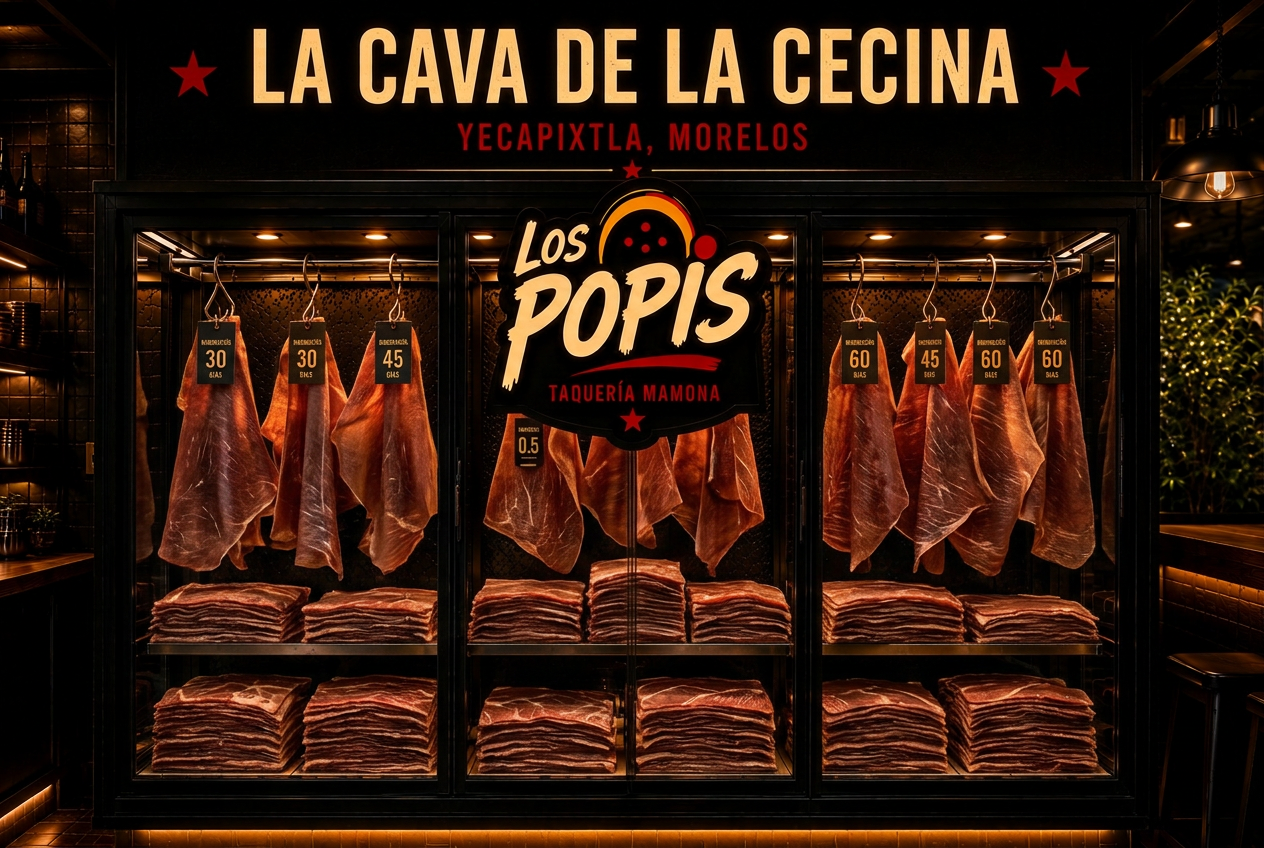 La Cava de la Cecina: vitrina de cristal con piezas de cecina madurando de Yecapixtla