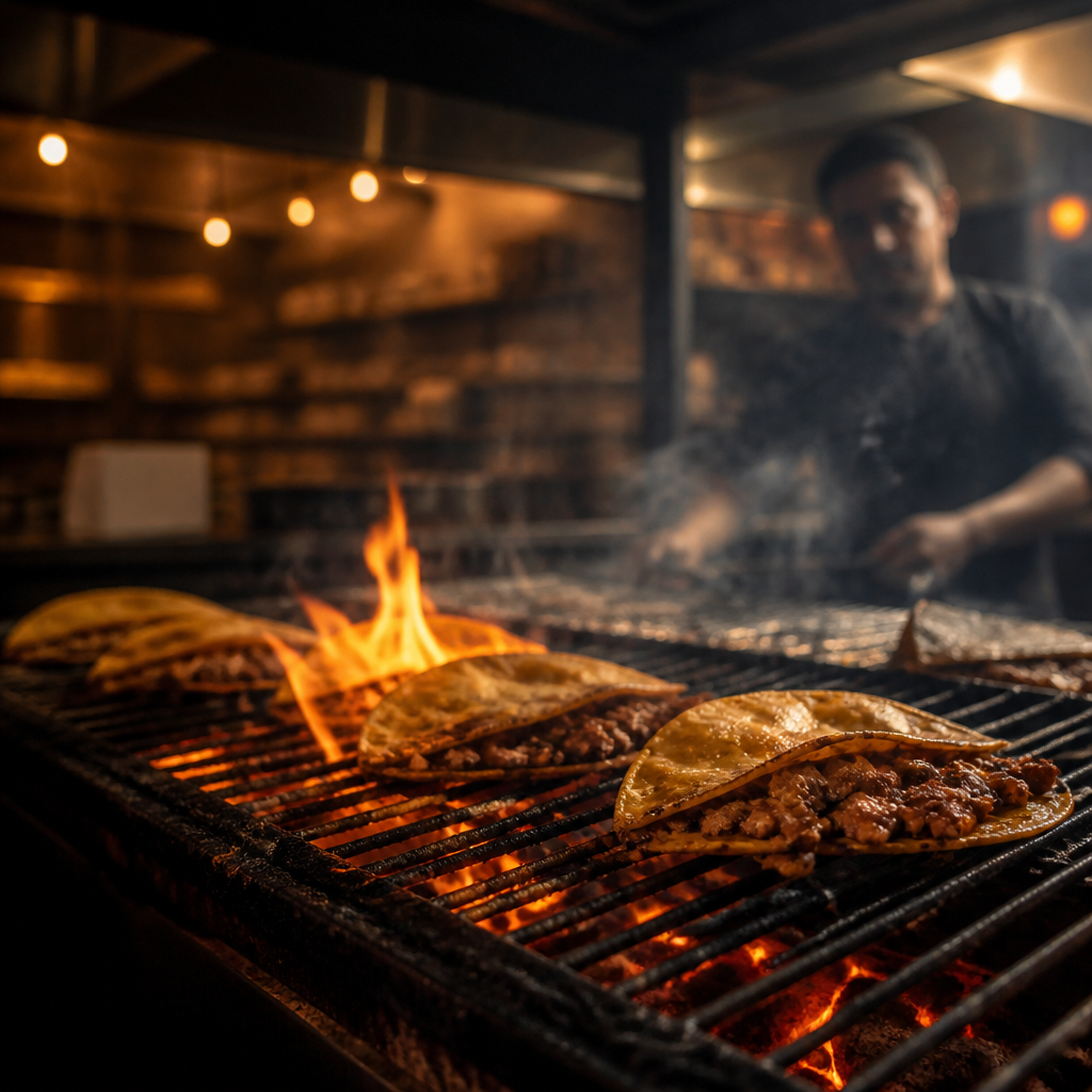 Parrilla con tacos de cecina al carbón