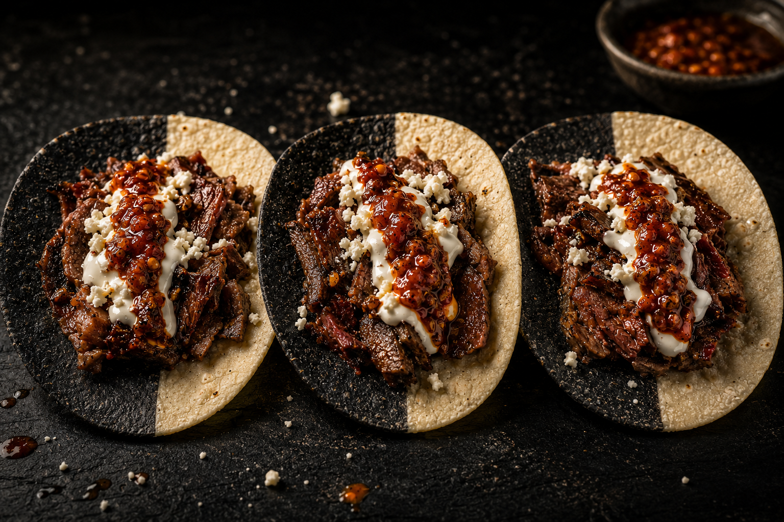 Tres tacos gourmet de cecina de Yecapixtla con tortilla artesanal bicolor: mitad maíz negro, mitad maíz blanco
